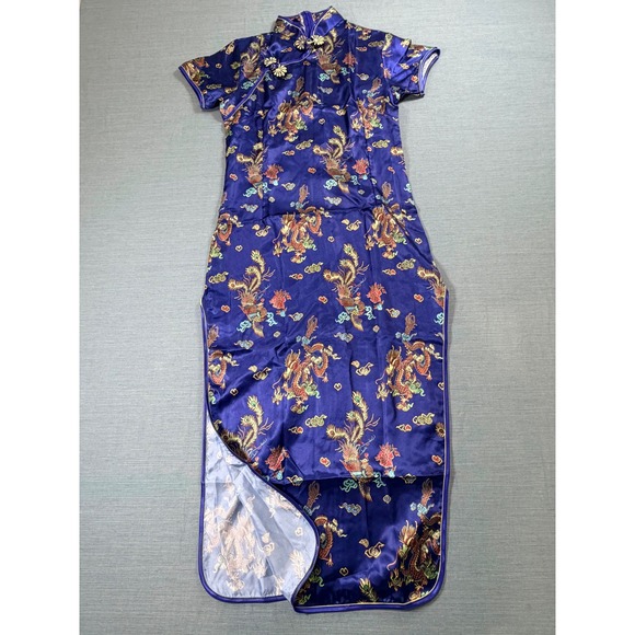 Hong Shang Jia Dresses & Skirts - Hong Shang Jia Blue Dragon Phoenix Satin Cheongsam Qipao Maxi Dress XL